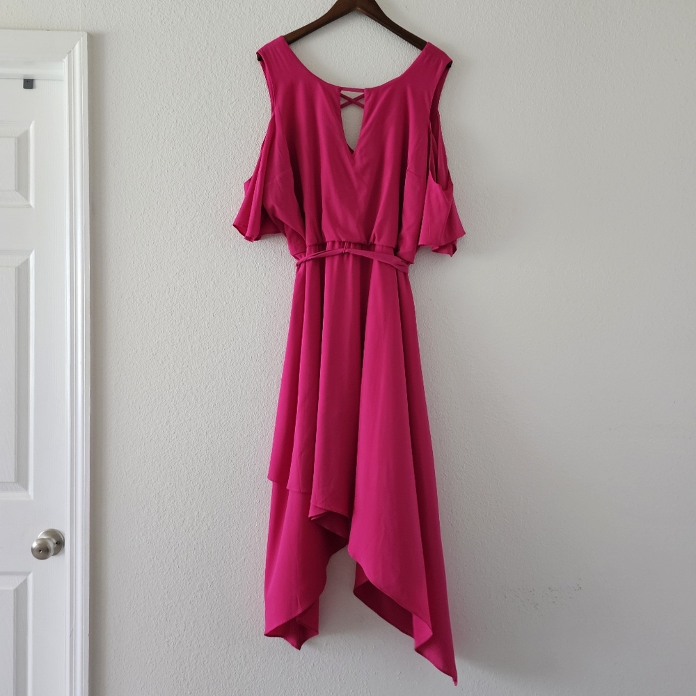 Lane Bryant cold shoulder dress sz 20 pink shark bite hem tie belt NWT - Picture 2 of 15